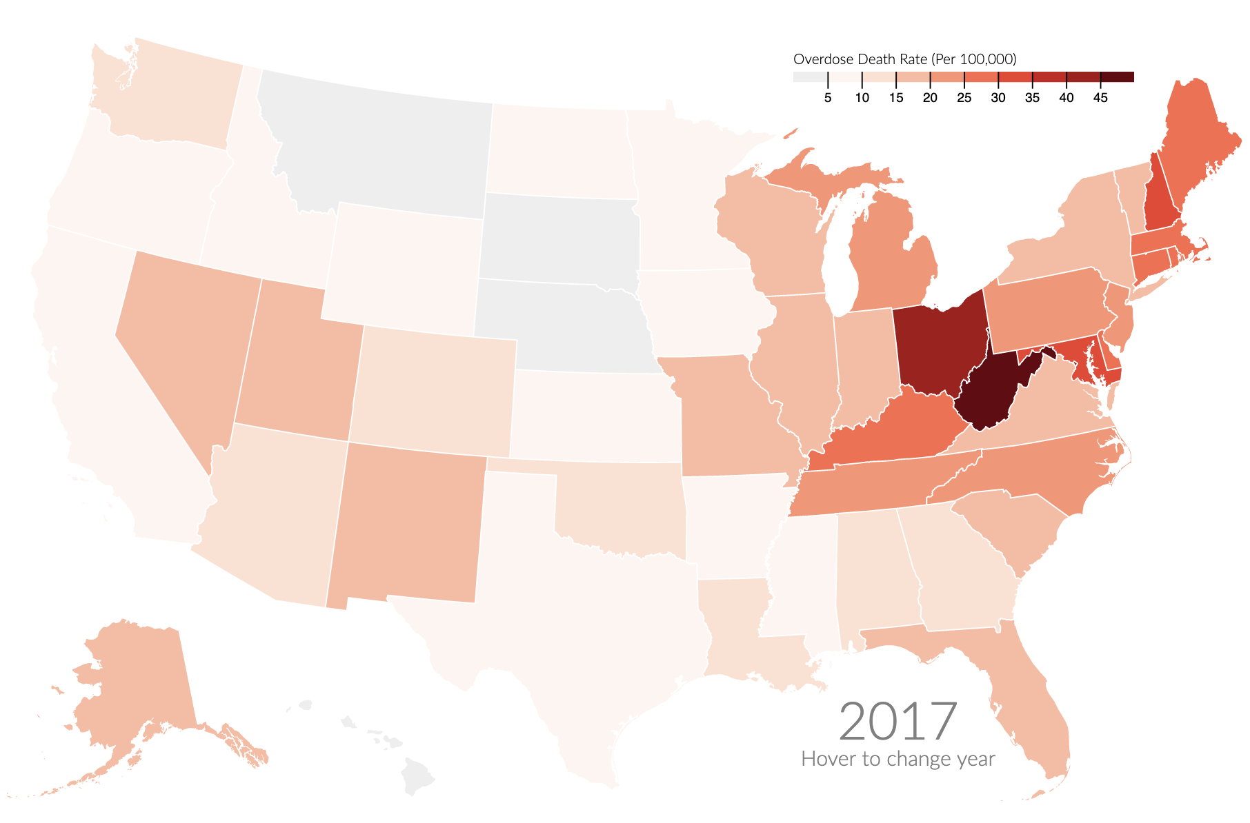 A choropleth chart wherein each state is shaded according to its opioid overdose rate.